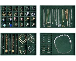 Sieradenlade organizer, sieradenlade organizer, fluwelen stapelbare sieradenopbergbak voor lade, sieradendisplay voor oorbel, ketting, ring, armband, 4 lagen, groen