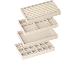Sieradenopbergdoos, lade, sieradenorganizer, sieradendienblad, stapelbaar, sieradenorganizer voor sieraden, lade-inzet, opbergsysteem, oorbellen, armband, ringen, 4 stuks, beige