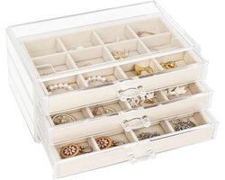 Sieradenopbergdoos van acryl met 3 laden voor oorbellen en ringen in beige