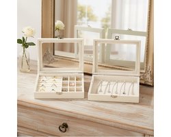 Sieradenopberger Set Van 2 – Sieraden Opbergdoos Met Glazen Deksel En Verstelbare Vakjes – Voor Ringen Kettingen En Oorbellen – 20x15x5 Cm – Beige