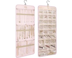 Sieradenorganizer hangend 80 x 36 cm - Reis-sieradenorganizer - Wandsieradenopslag transparant - Opbergsysteem voor kettingen oorbellen ringen halskettingen deur (roze)