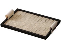 Sieradenschaal – Organizer met houten rand – Decoratief accent voor op het bureau – Rechthoekige schaal met leren handvatten – Moderne decoratieve schaal voor woon- en slaapkamer (Wit, 15,8 x 11 x 1,2 inch)