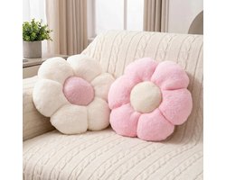 Sierkussen Bloemvorm - 2 Stuks Roze en Wit - 38 cm - Zachte Pluche Bloemenkussens voor Bed, Bank en Slaapkamer - Decoratie voor Meisjeskamer