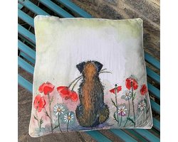 Sierkussen - Border & Poppies ~ Hond & Klaprozen - 45 Cm X 45 Cm