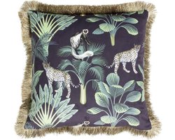 Sierkussen - Fluweel Jungle Panter Gouden Franjes - Goud En Zilver - 45 Cm X 45 Cm