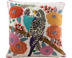 Sierkussen geborduurd wit - Kissing parrots - Kussende parkieten 45x45 cm