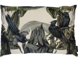 Sierkussen - Groot Fluweel Exotische Blauwe Vogel - Beige En Zilver - 60 Cm X 40 Cm