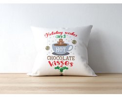 Sierkussen - Kerst Kussen Met Tekst: Holiday Wishes And Hot Chocolate Kisses | Kerst Decoratie | Kerst Versiering | Grappige Cadeaus | Geschenk | Sierkussen