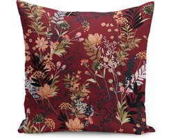 Sierkussen Velvet - 50x50 - Bloemen op bordeaux - Inclusief binnenkussen - Fluweel
