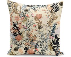 Sierkussen velvet - 50x50 cm - Bloemen op crèmekleurig - Inclusief binnenkussen