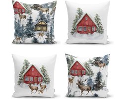 Sierkussen velvet set van 4 stuks - 50x50 - Rendieren & Berghuisje - Kussensloop - Kerst decoratie