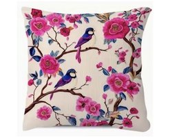 Sierkussenhoes 45x45 cm met Vogels en Roze Bloemen – Decoratieve Kussenhoes Bloesem Print – Sierkussen Hoes voor Bank, Slaapkamer of Kinderkamer – Exclusief Binnenkussen