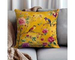 Sierkussenhoes Bloemen & Vogels – Geel – Luxe Botanische Print – Decoratief Kussen 45x45 cm – Zonder Binnenkussen
