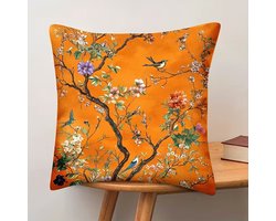 Sierkussenhoes Bloemen & Vogels – Oranje – Luxe Botanische Print – 45x45 cm – Zonder Binnenkussen