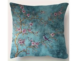 Sierkussenhoes Bloesem & Vogel – Petrol Blauw – Luxe Print – 45x45 cm – Zonder Binnenkussen