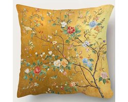 Sierkussenhoes Geel 45x45 cm met Bloemen en Takken – Luxe Kussenhoes Goud Geel Floral – Decoratieve Kussenhoes voor Bank of Slaapkamer – Exclusief Binnenkussen