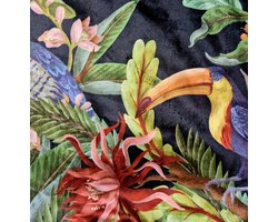 Sierkussenhoes-Kussenhoes-Velvet-Jungle-Vogels-Planten-Print aan beide kanten-Gouden Bies-45x45cm