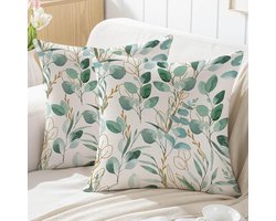 Sierkussenhoes - Met Eucalyptus bladeren print - Voor buiten en tuin - Groen en Goud - 40x40 cm - Set van 2