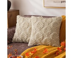 Sierkussenhoezen met herfstboommotief – 45 x 45 cm – Set van 2 – Zachte decoratieve hoezen voor de herfst – Geborduurd ontwerp – Geschikt voor banken, oogstseizoen, boho-stijl en feestdagen – Wit