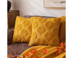 Sierkussenhoezen met herfstboommotief - 45x45 cm - Set van 2 - Zachte decoratieve hoezen voor de herfst - Geborduurd ontwerp - Geschikt voor banken, oogstseizoen, boho-stijl en feestdagen - Geel