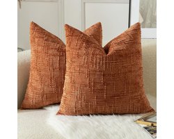Sierkussenhoezen Set - Zachte Kussenslopen - Woonkamer Decoratie - Chenille Bamboe Weving - 2 stuks 50x50 cm - Verbrande Steen