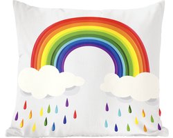 Sierkussens - Kussen - Een illustratie van een regenboog met wolken en regenboog druppels - 45x45 cm - Kussen van katoen