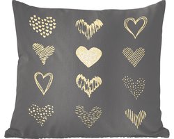 Sierkussens - Kussen - Gouden getekende harten op zwart papier - 50x50 cm - Kussen van katoen