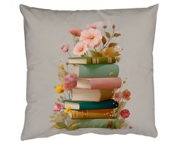Sierkussens - Kussentjes Woonkamer - 40x40 cm - Boeken - Stapel - Bloemen - Kleurrijk