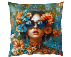 Sierkussens - Kussentjes Woonkamer - 45x45 cm - Vrouw - Bloemen - Oranje - Blauw - Modern