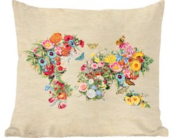 Sierkussens - Kussentjes Woonkamer - 45x45 cm - Wereldkaart - Bloemen - Vlinder - Bruin papier