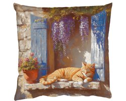 Sierkussens - Kussentjes Woonkamer - 50x50 cm - Kat - Stenen vensterbank - Bloemen