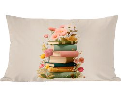 Sierkussens - Kussentjes Woonkamer - 60x40 cm - Boeken - Stapel - Bloemen - Kleurrijk