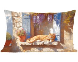 Sierkussens - Kussentjes Woonkamer - 60x40 cm - Kat - Stenen vensterbank - Bloemen
