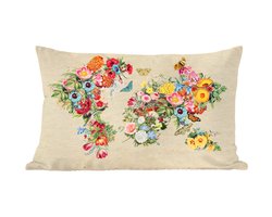 Sierkussens - Kussentjes Woonkamer - 60x40 cm - Wereldkaart - Bloemen - Craft papier
