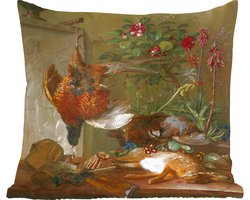 Sierkussens - Kussentjes Woonkamer - 60x60 cm - Stilleven met jachtbuit en Griekse stèle: allegorie op de Herfst - Schilderij van G.J.J Van Os