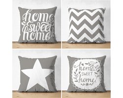 Sierkussens set 4 stuks - INCLUSIEF BINNENKUSSENS 45x45 cm - home sweet home - grijs - wit  - dubbelzijdig bedrukt - kussensloop - kussens woonkamer - kussenhoes