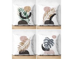 Sierkussens set van 4 stuks - INCLUSIEF BINNENKUSSENS 45x45 cm - abstract - bladen - groen - roze - beige - grijs - zwart- dubbelzijdig bedrukt - kussensloop - kussens woonkamer - kussenhoes
