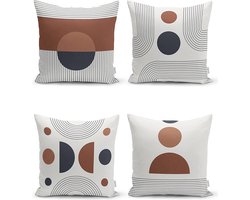 Sierkussens set van 4 stuks - INCLUSIEF BINNENKUSSENS 45x45 cm - abstract - bruin - grijs - wit - gestreept - dubbelzijdig bedrukt - kussensloop - kussens woonkamer - kussenhoes