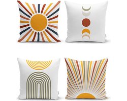 Sierkussens set van 4 stuks - INCLUSIEF BINNENKUSSENS 45x45 cm - abstract - sunrise - oranje - geel - bordeaux - wit- dubbelzijdig bedrukt - kussensloop - kussens woonkamer - kussenhoes