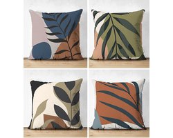 Sierkussens set van 4 stuks - INCLUSIEF BINNENKUSSENS 45x45 cm - bladen - blauw - bruin - groen  - dubbelzijdig bedrukt - kussensloop - kussens woonkamer - kussenhoes