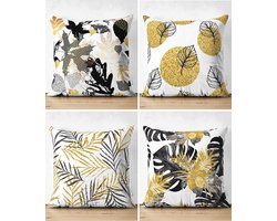 Sierkussens set van 4 stuks - INCLUSIEF BINNENKUSSENS 45x45 cm - bladen - geel - grijs - wit  - dubbelzijdig bedrukt - kussensloop - kussens woonkamer - kussenhoes
