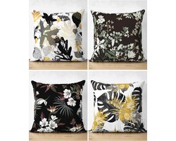 Sierkussens set van 4 stuks - INCLUSIEF BINNENKUSSENS 45x45 cm - bladen - geel - zwart - goud - dubbelzijdig bedrukt - kussensloop - kussens woonkamer - kussenhoes
