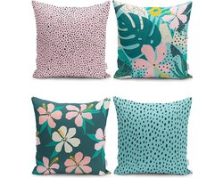 Sierkussens set van 4 stuks - INCLUSIEF BINNENKUSSENS 45x45 cm - bloemen - roze - blauw - geel - groen- dubbelzijdig bedrukt - kussensloop - kussens woonkamer - kussenhoes