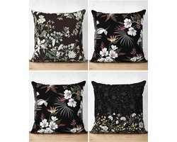 Sierkussens set van 4 stuks - INCLUSIEF BINNENKUSSENS 45x45 cm - bloemen - zwart  - wit - goud  - dubbelzijdig bedrukt - kussensloop - kussens woonkamer - kussenhoes
