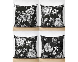 Sierkussens set van 4 stuks - INCLUSIEF BINNENKUSSENS 45x45 cm - bloemen - zwart - wit - grijs - dubbelzijdig bedrukt - kussensloop - kussens woonkamer - kussenhoes