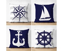 Sierkussens set van 4 stuks - INCLUSIEF BINNENKUSSENS 45x45 cm - boot - roer - blauw - dubbelzijdig bedrukt - kussensloop - kussens woonkamer - kussenhoes
