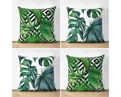 Sierkussens set van 4 stuks - INCLUSIEF BINNENKUSSENS 45x45 cm - gestreept - bladen - groen - dubbelzijdig bedrukt - kussensloop - kussens woonkamer - kussenhoes