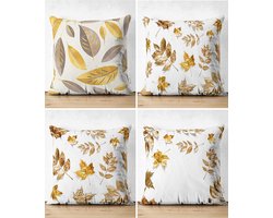 Sierkussens set van 4 stuks - INCLUSIEF BINNENKUSSENS 45x45 cm - herfst - bladen - goud - bruin - wit - dubbelzijdig bedrukt - kussensloop - kussens woonkamer - kussenhoes
