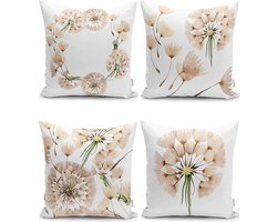 Sierkussens set van 4 stuks - INCLUSIEF BINNENKUSSENS 45x45 cm - paardenbloem - lichtbruin - wit- groen - dubbelzijdig bedrukt - kussensloop - kussens woonkamer - kussenhoes