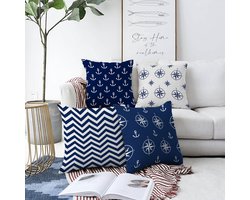 Sierkussens set van 4 stuks - INCLUSIEF BINNENKUSSENS 45x45 cm - scheepsroer - blauw - wit - dubbelzijdig bedrukt - kussensloop -  kussens woonkamer - kussenhoes